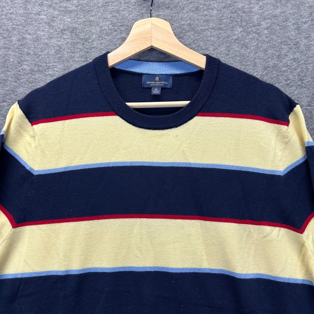 Brooks Brothers Mens XL Extra Fine Merino Wool Striped Crewneck Sweater Navy